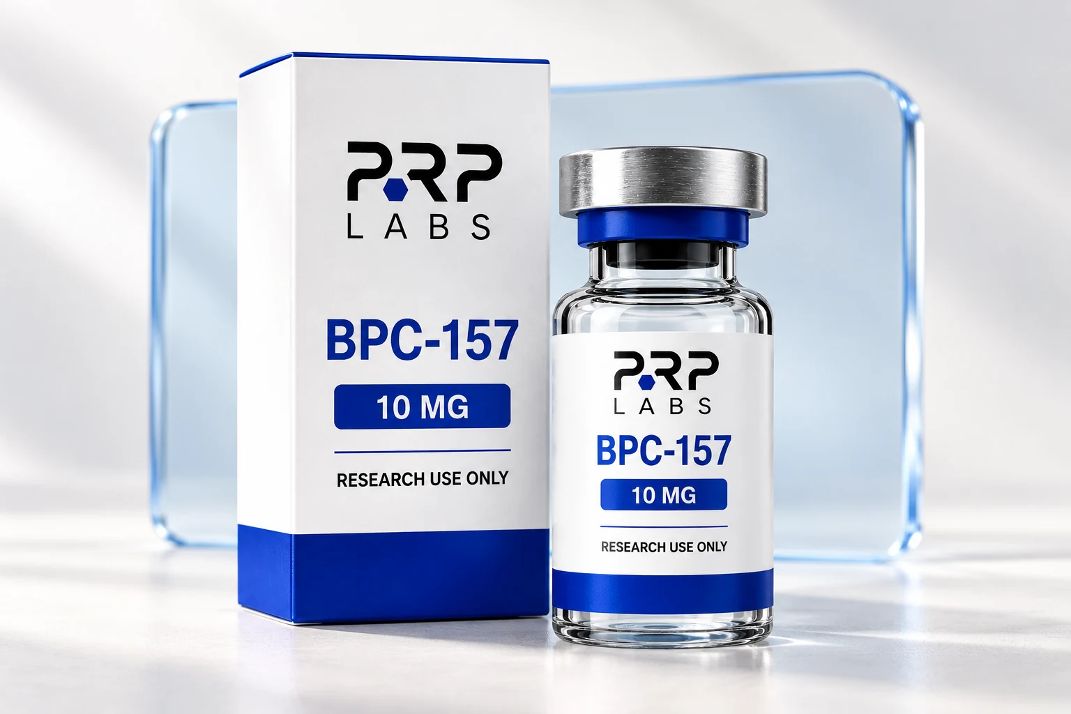 PRP Labs BPC-157 vial and proposed white-and-cobalt carton